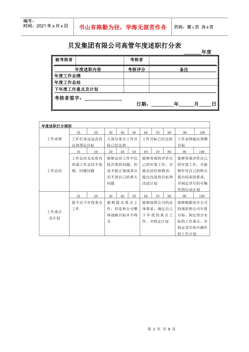 宁波贝发集团有限公司高管年度考核用表_第2页