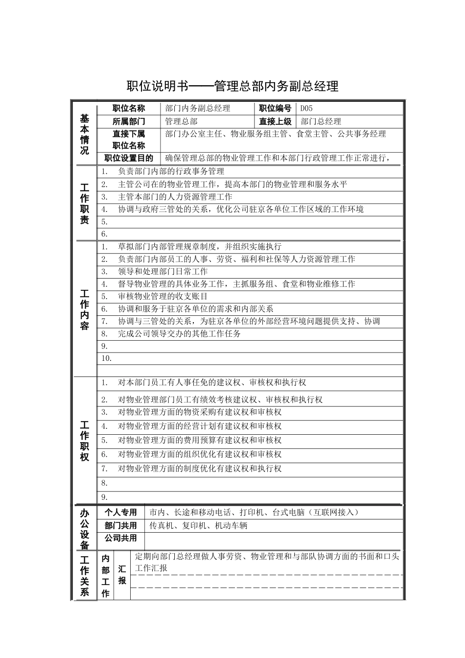 岗位说明书——管理总部内务副总经理_第1页