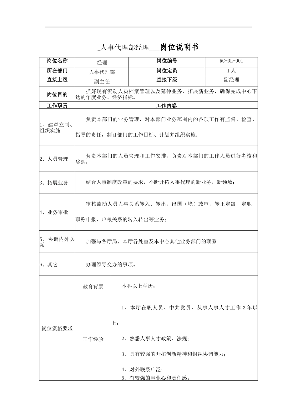 人事代理部经理岗位说明书_第1页