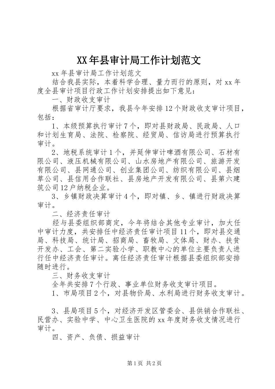 XX年县审计局工作计划范文_第1页