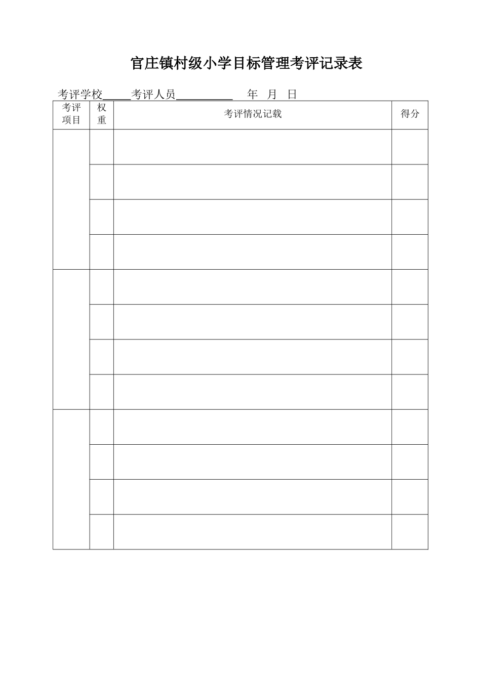 官庄镇村级小学目标管理考评记录表_第1页