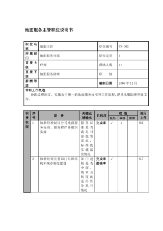 某航空物流公司地面服务主管职位说明书及关键绩效标准