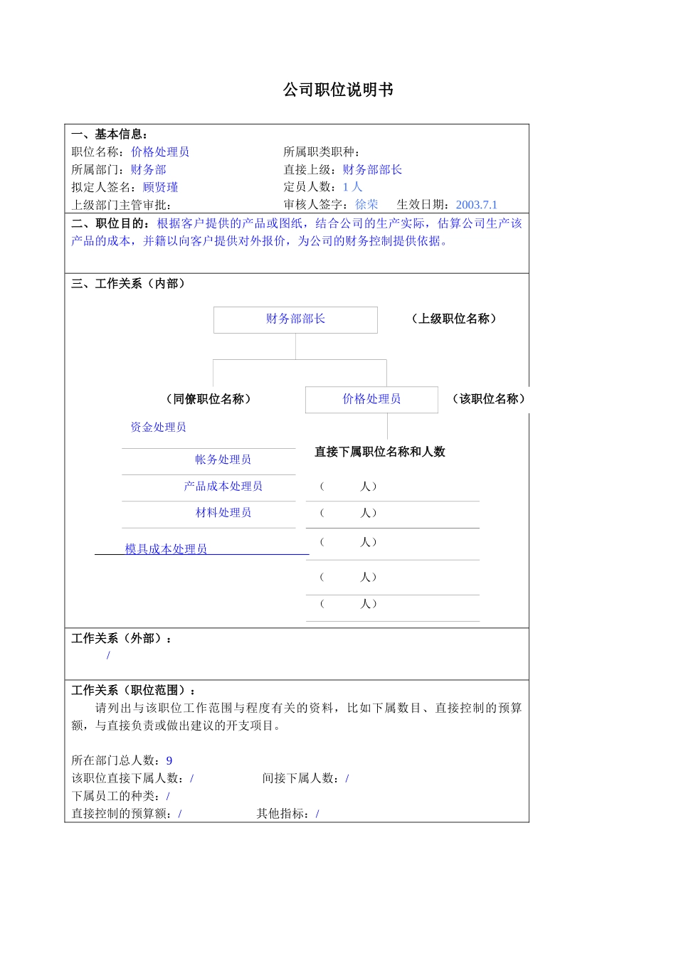 某大型汽车零部件公司财务部价格处理员职位说明书_第1页