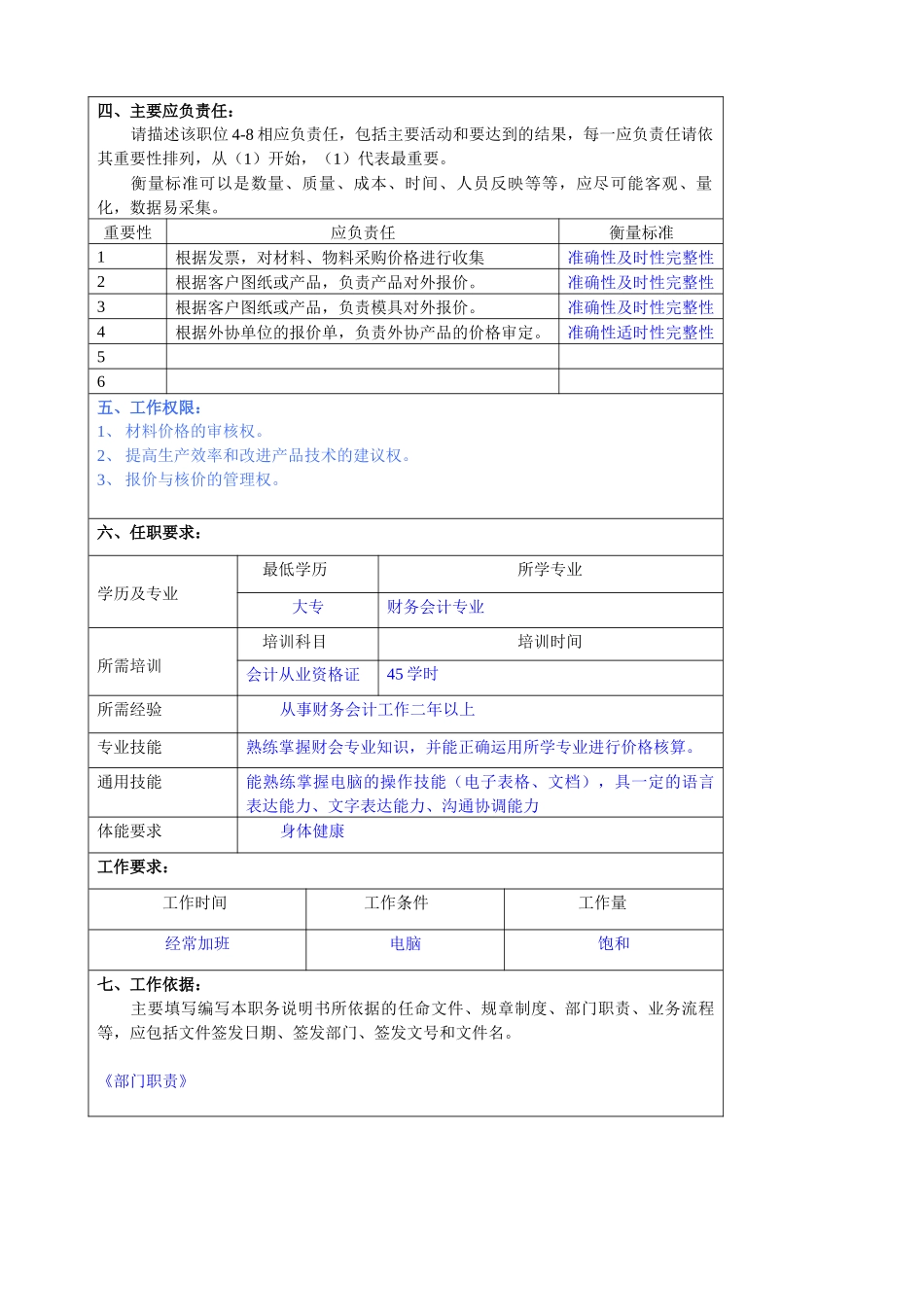 某大型汽车零部件公司财务部价格处理员职位说明书_第2页