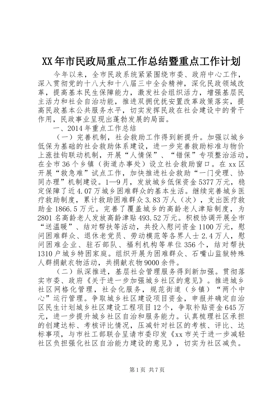 XX年市民政局重点工作总结暨重点工作计划_第1页