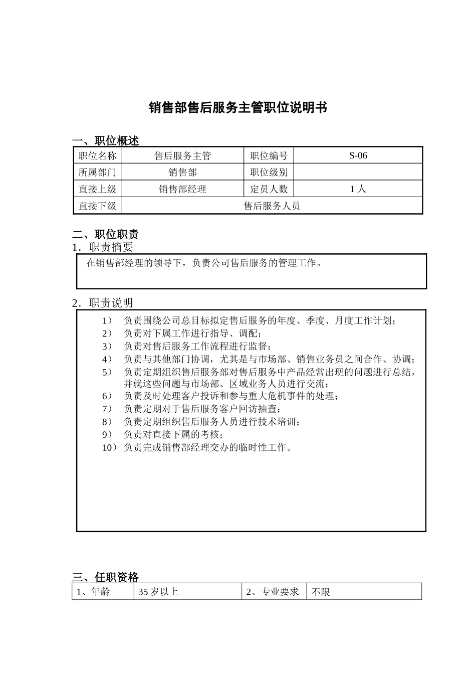 钢铁行业-销售部-售后服务主管岗位说明书_第1页