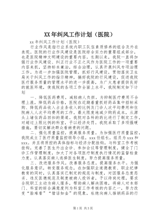 XX年纠风工作计划（医院）