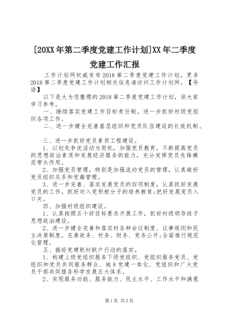 [20XX年第二季度党建工作计划]XX年二季度党建工作汇报