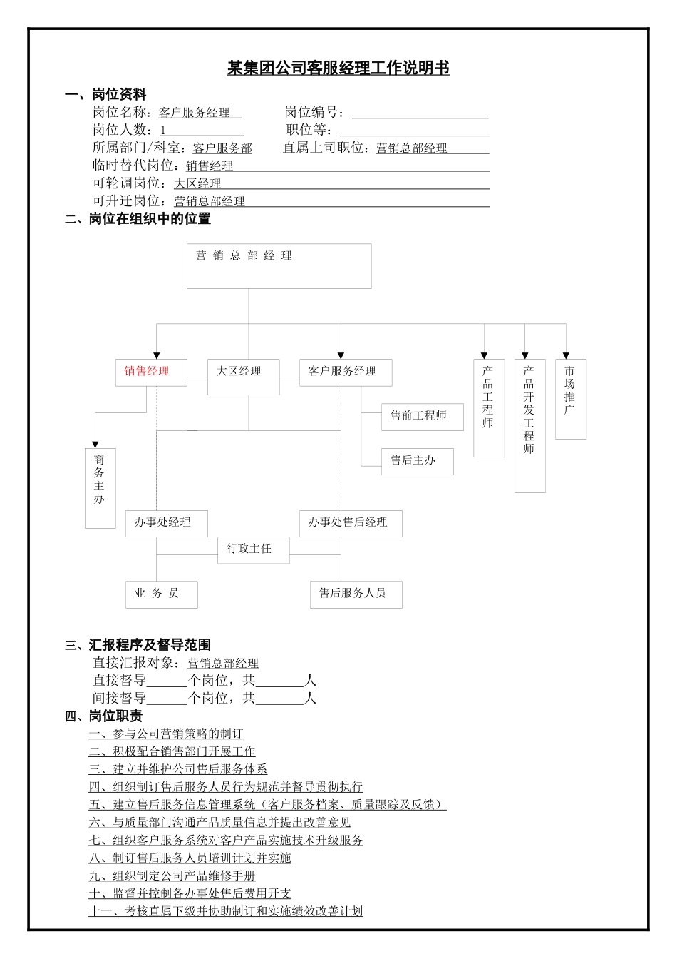 某集团公司客服经理工作说明书_第1页
