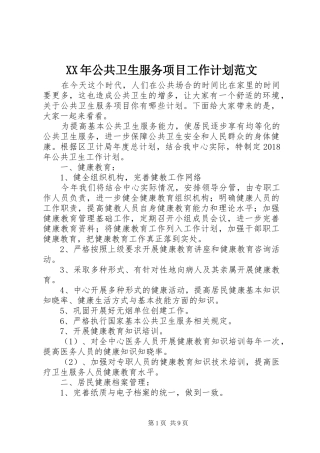 XX年公共卫生服务项目工作计划范文