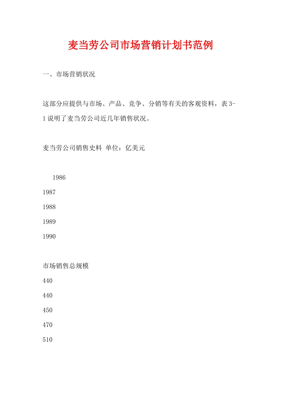 麦当劳公司市场营销计划书范例_第1页