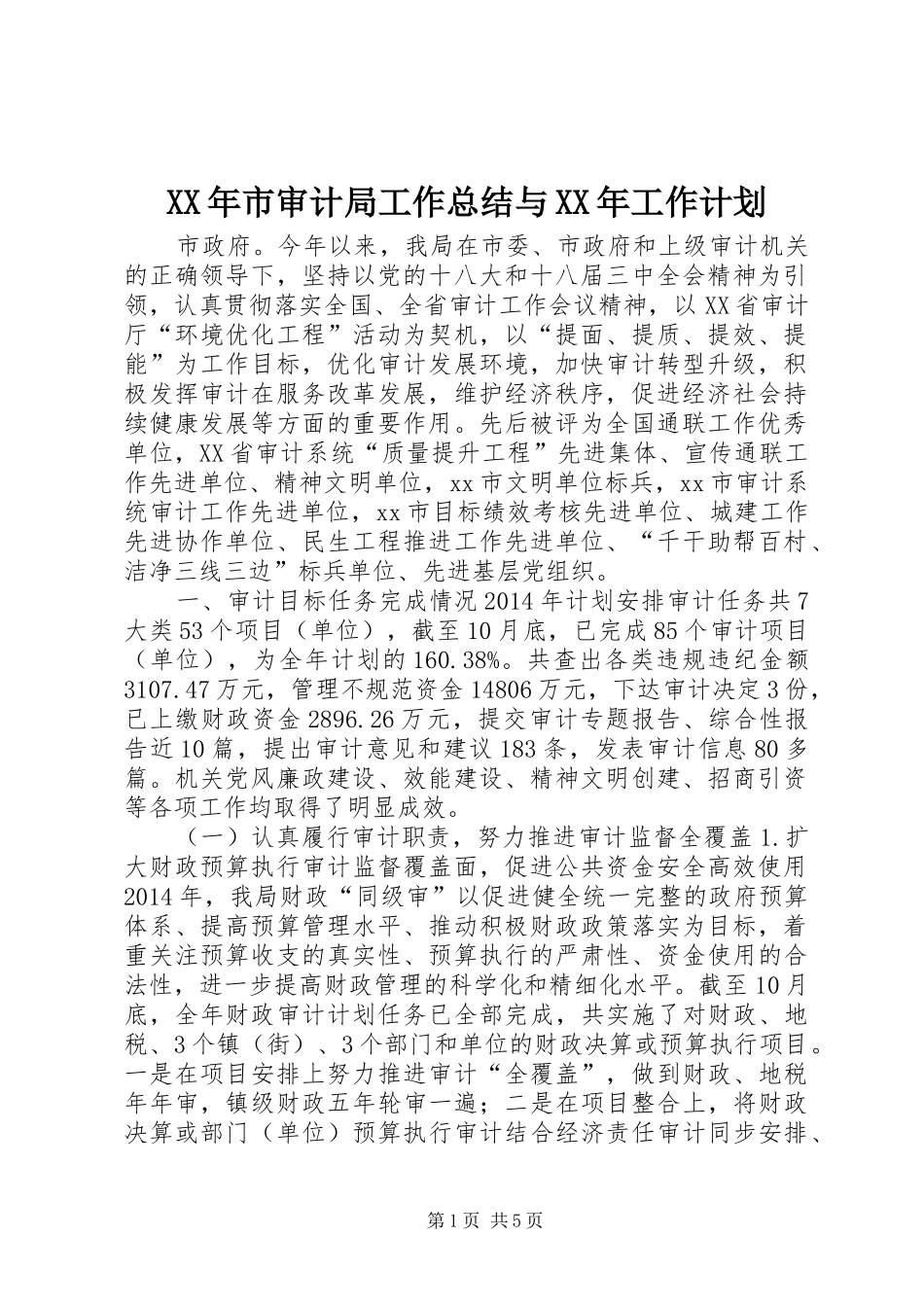 XX年市审计局工作总结与XX年工作计划_第1页