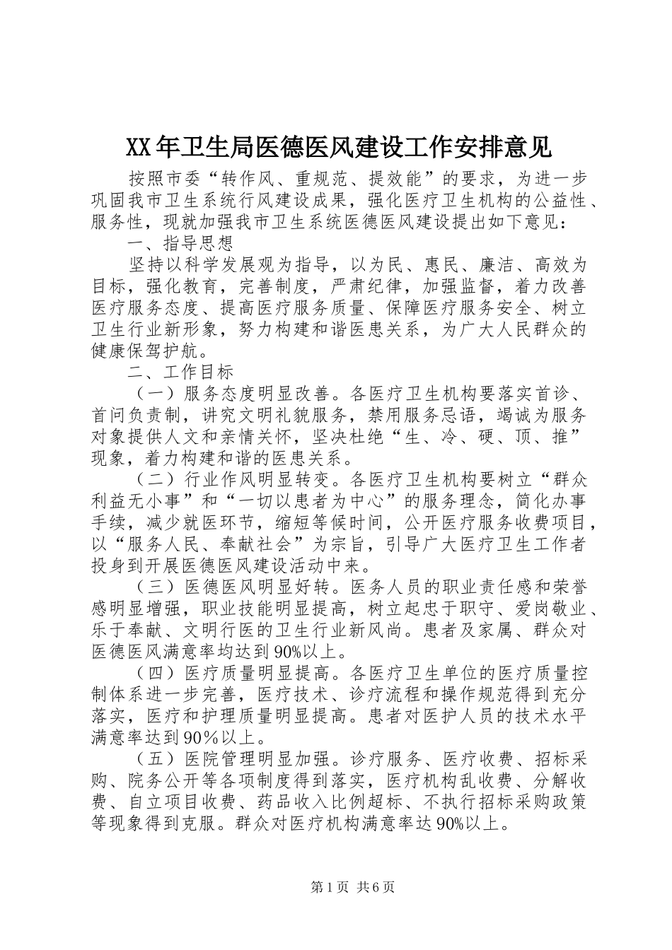 XX年卫生局医德医风建设工作安排意见_第1页