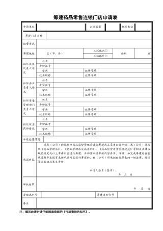 筹建药品零售连锁门店申请表
