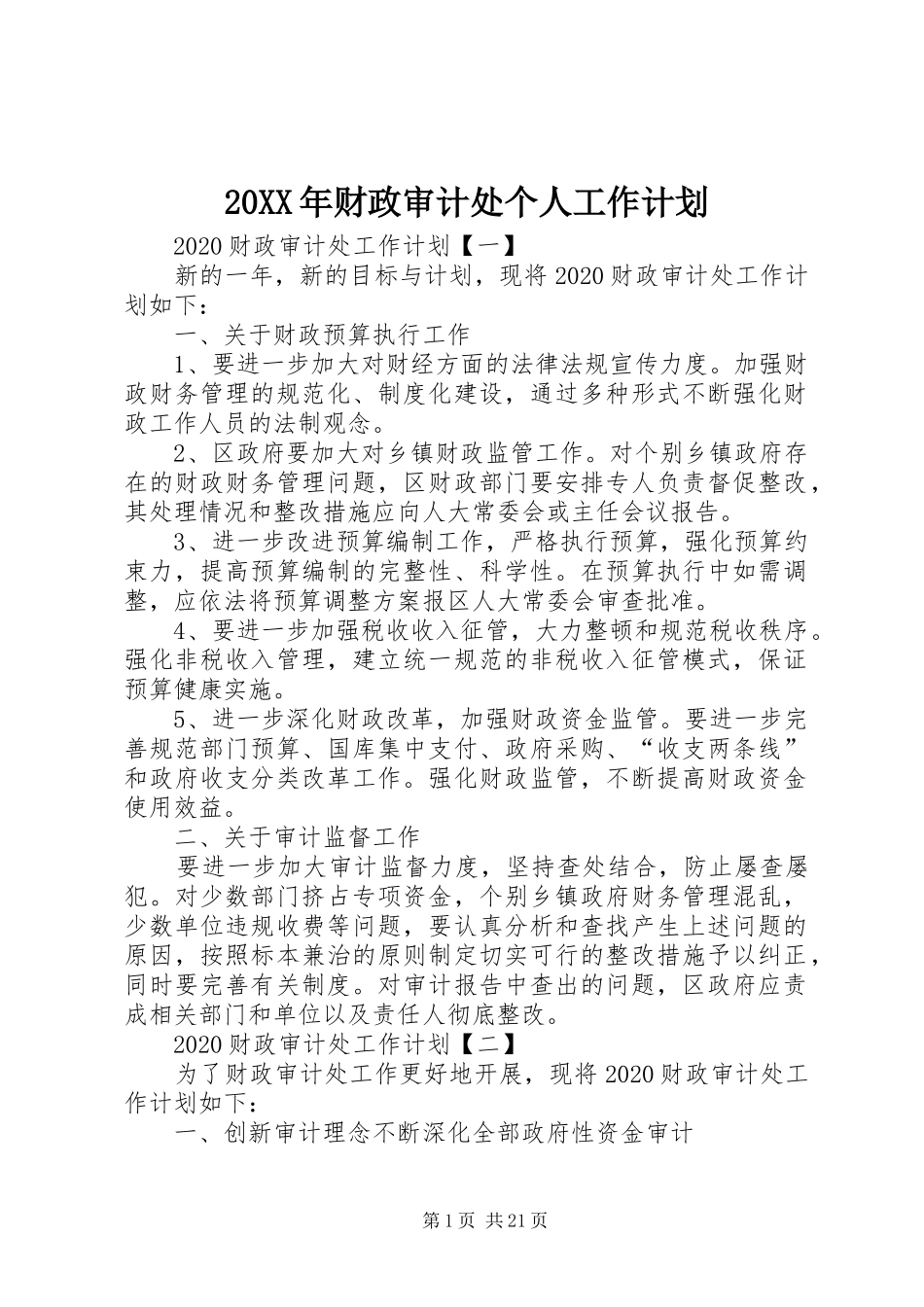 20XX年财政审计处个人工作计划_第1页