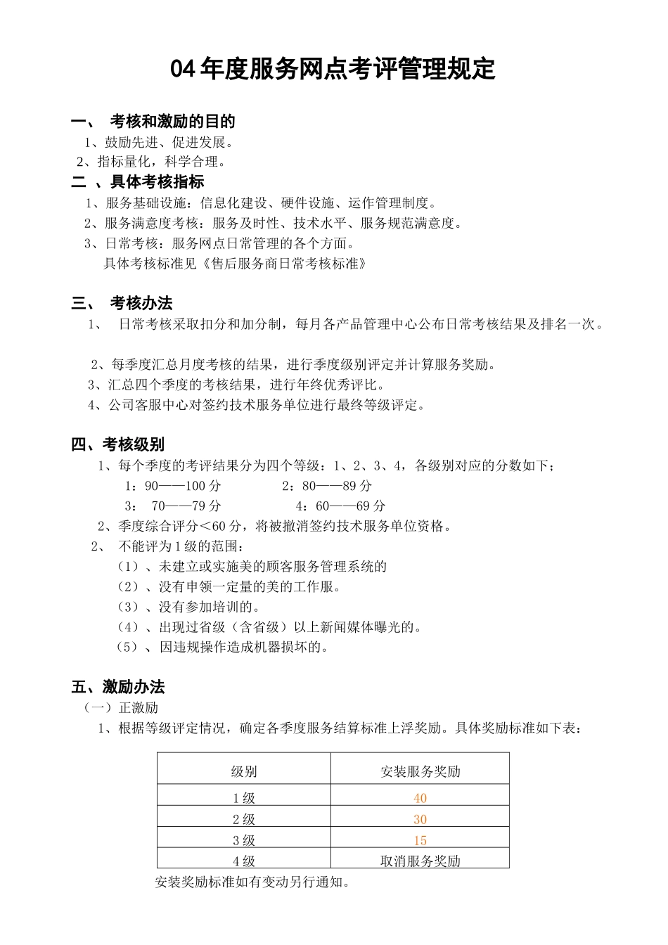 某电器公司04年度服务网点考评管理规定_第1页