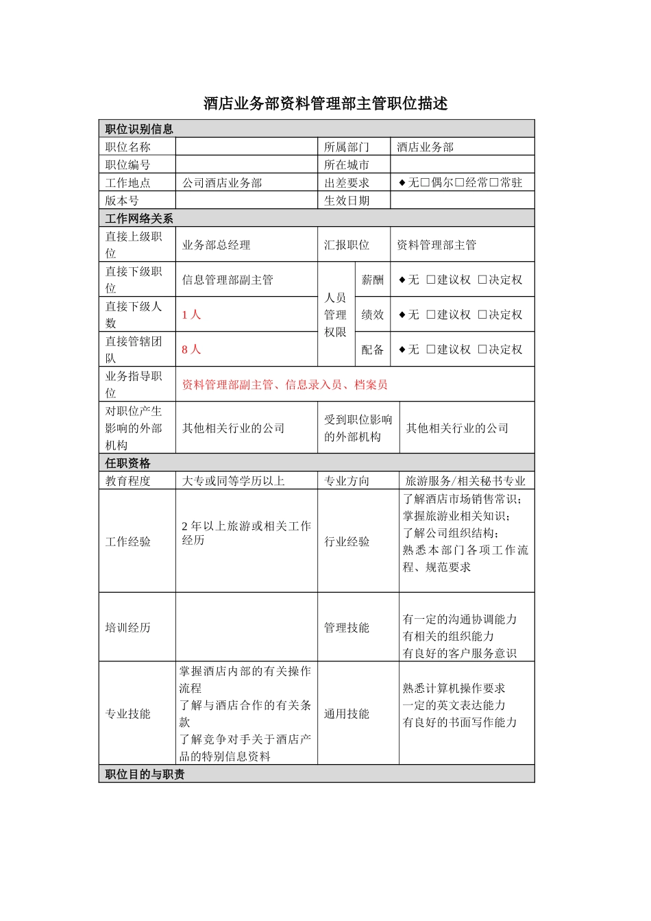 酒店业务部资料管理部主管岗位说明书_第1页