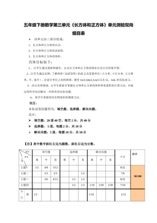 《长方体和正方体》单元测验双向细目表