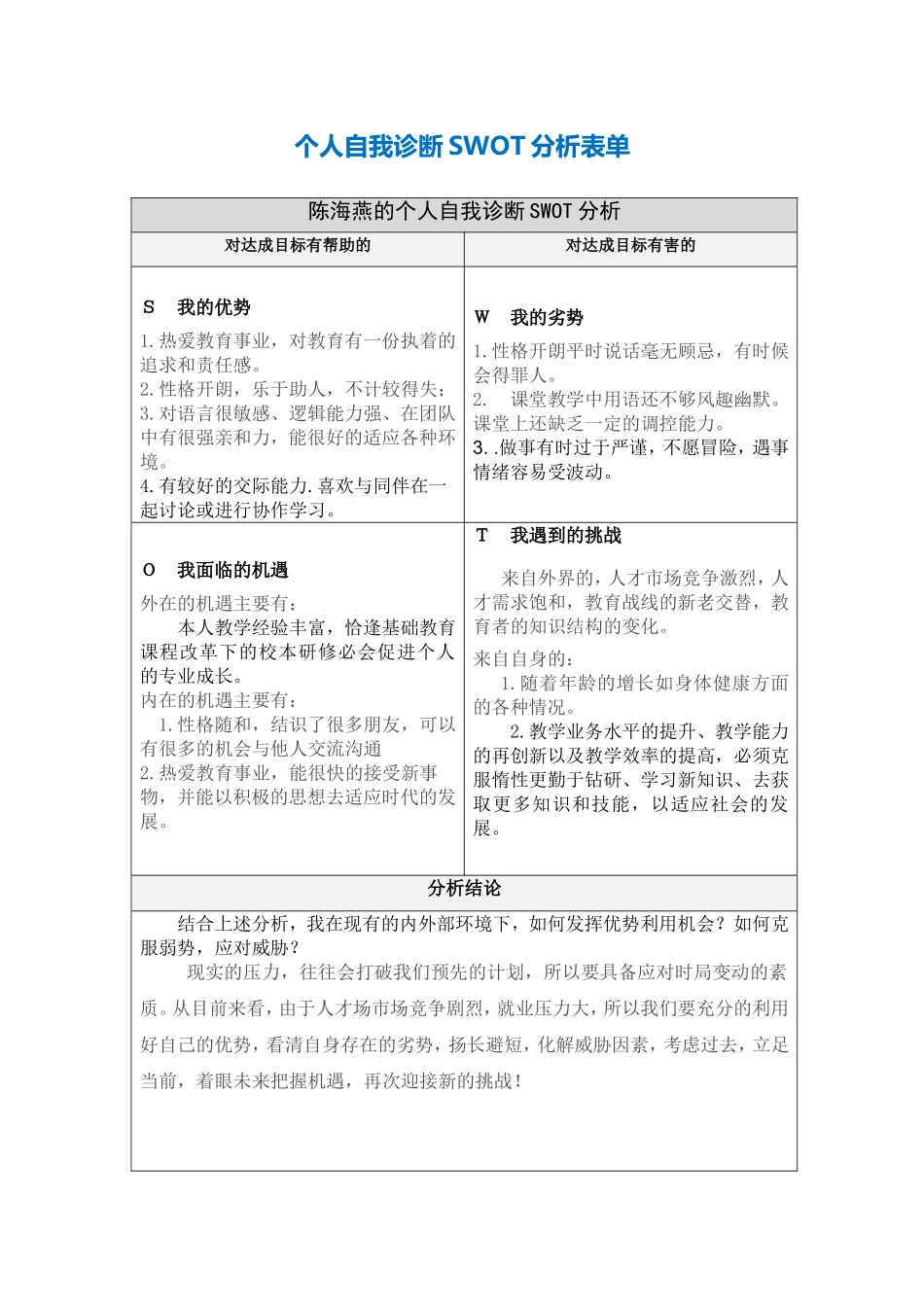陈海燕个人自我诊断SWOT分析表_第1页