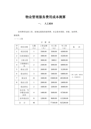 管理服务费用成本测算