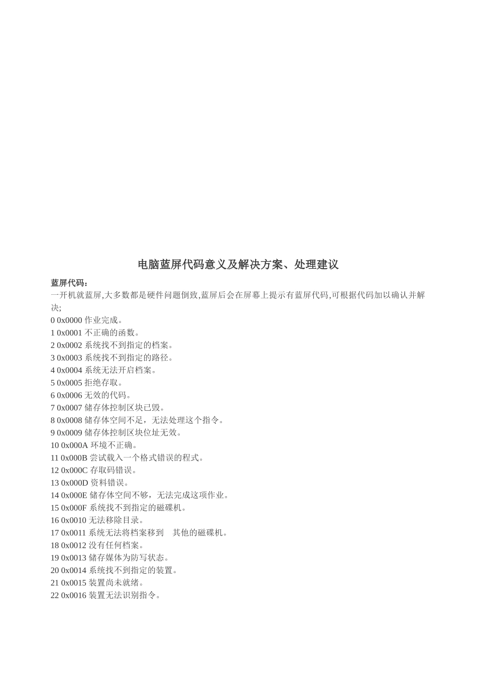 电脑蓝屏代码意义、解决方案与建议_第1页