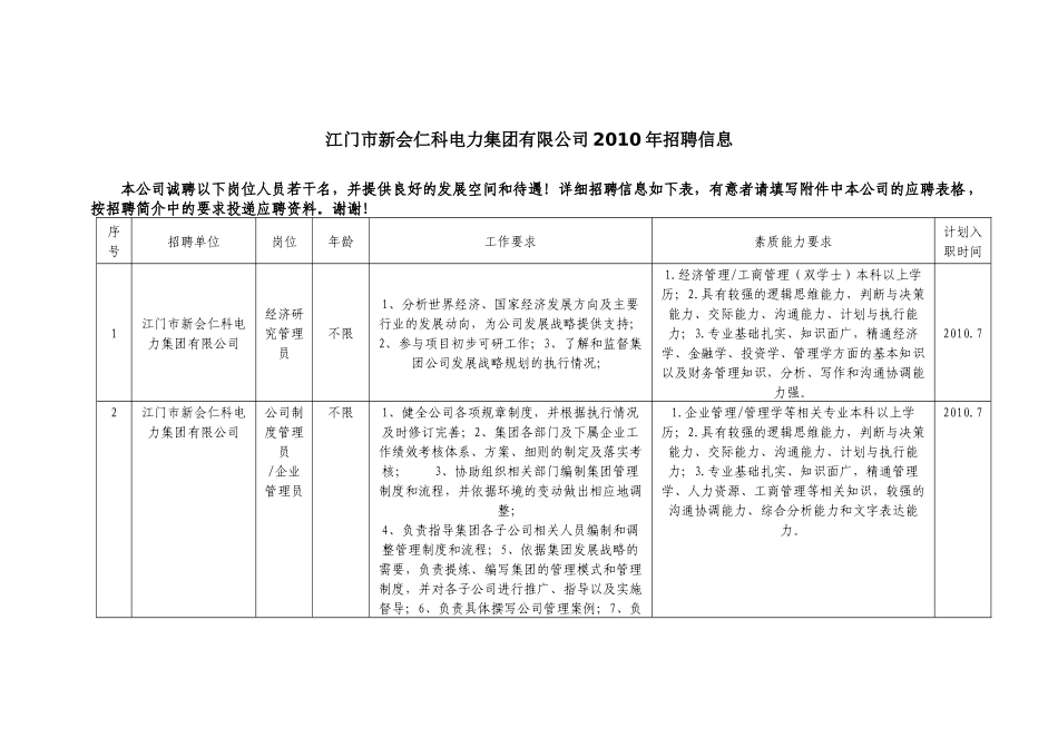 江门市新会仁科电力集团有限公司XXXX年招聘信息_第1页