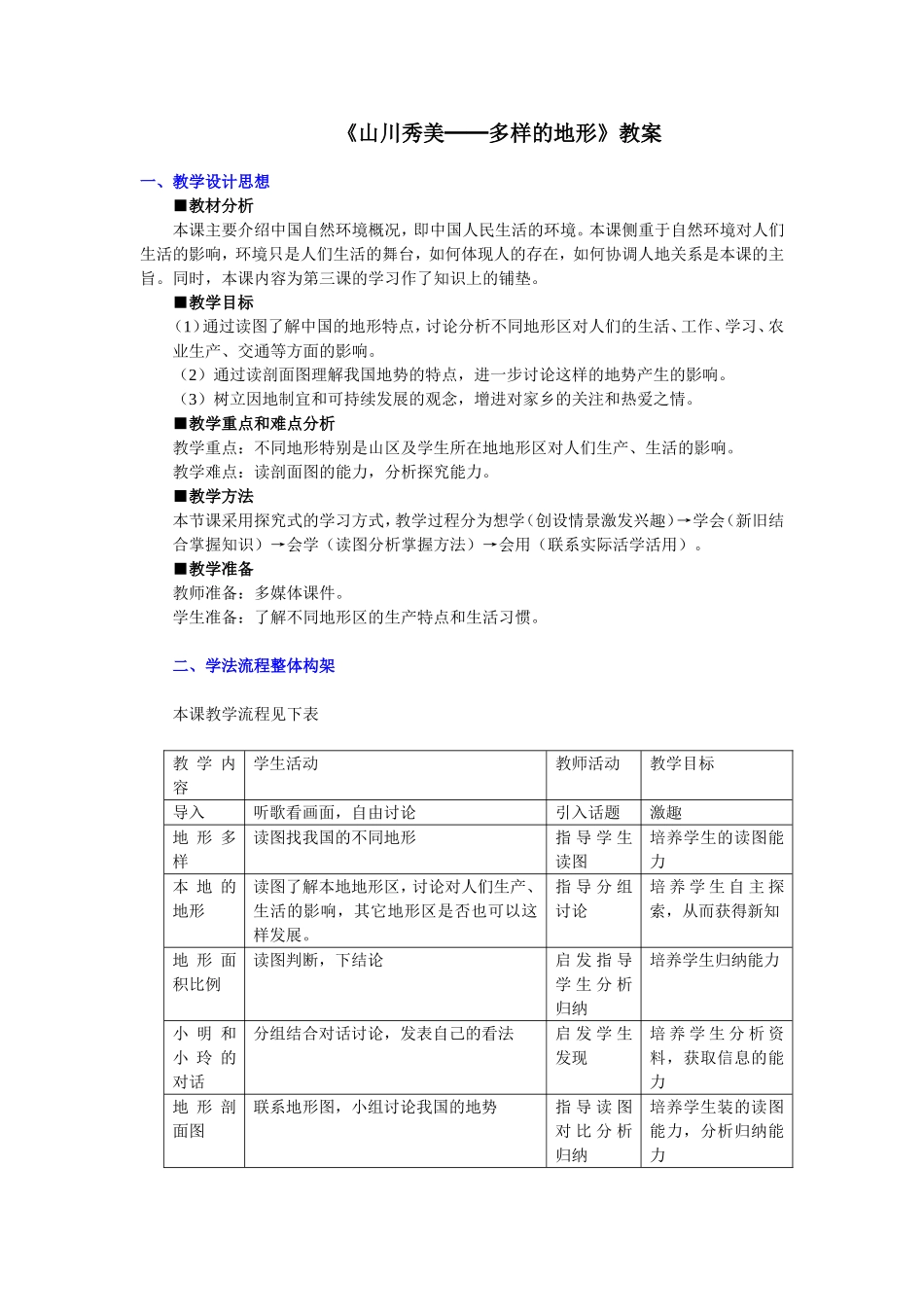 山川秀美多样的地形教案_第1页