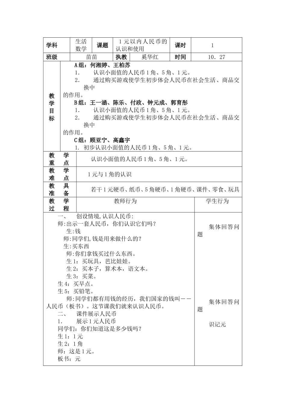 第九周苗苗班数学教案（一元人民币的认识和使用）_第1页