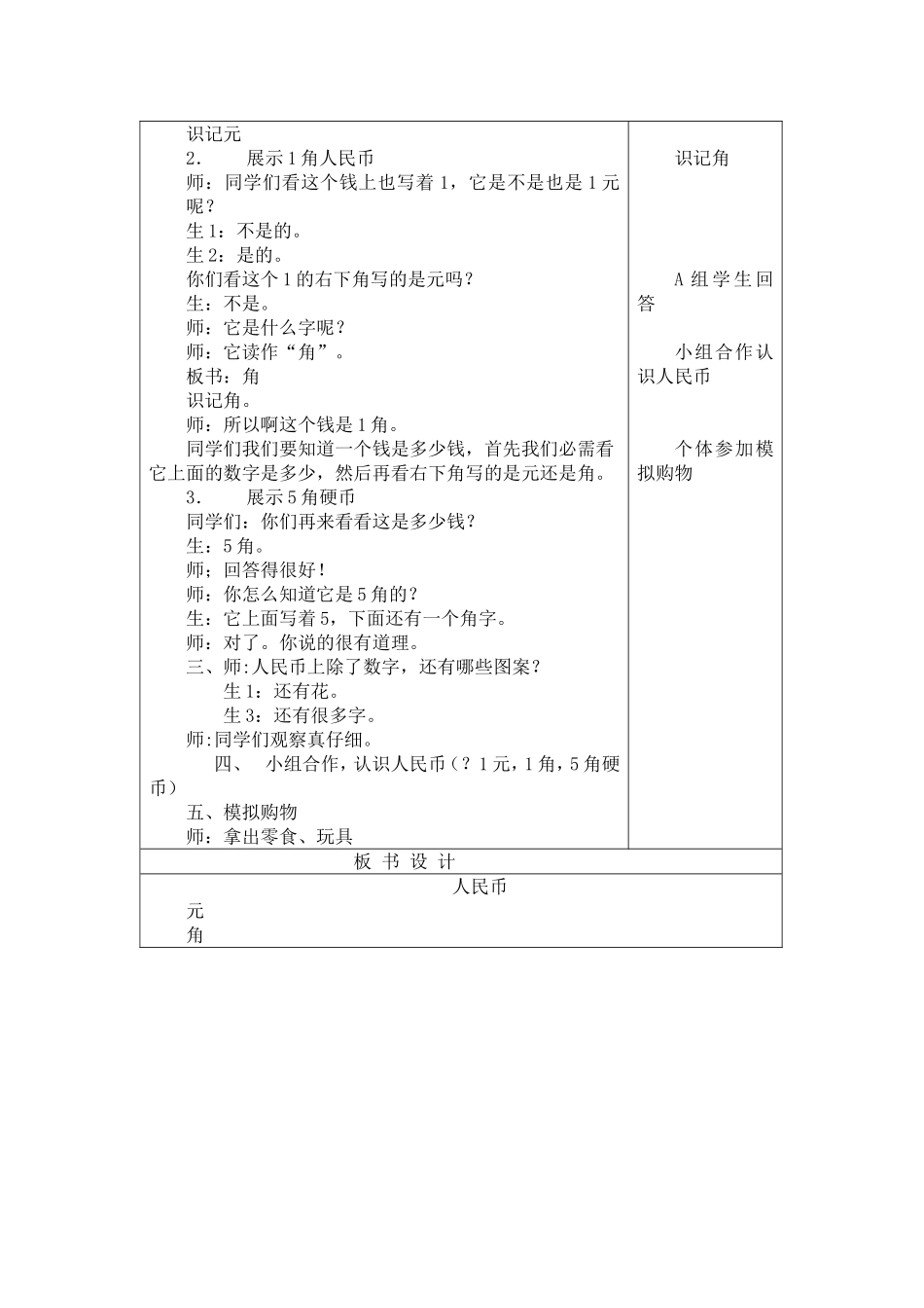 第九周苗苗班数学教案（一元人民币的认识和使用）_第2页
