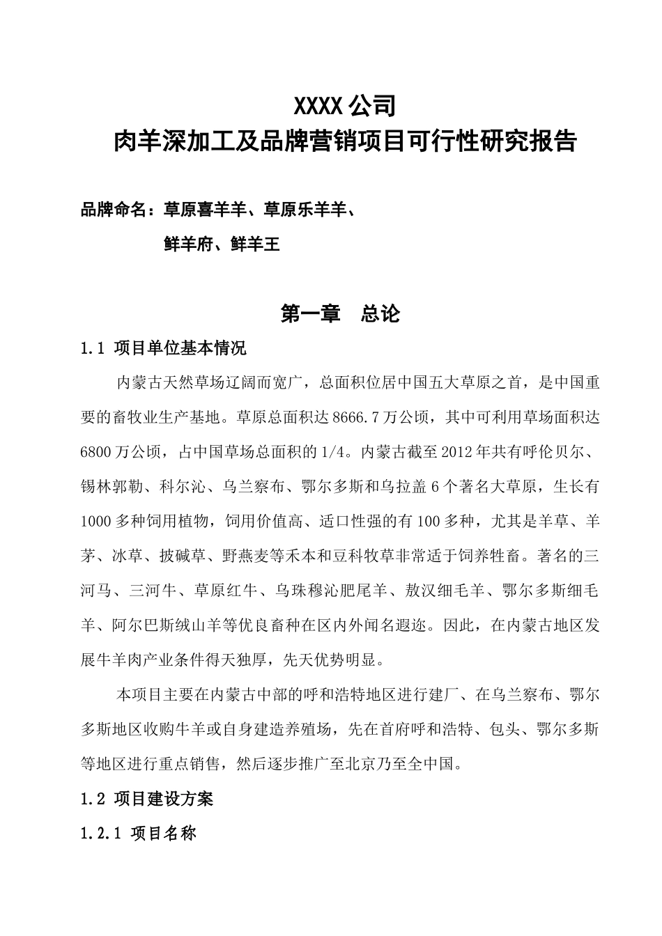 草原喜羊羊羊肉深加工及市场营销项目可行性研究报告_第1页