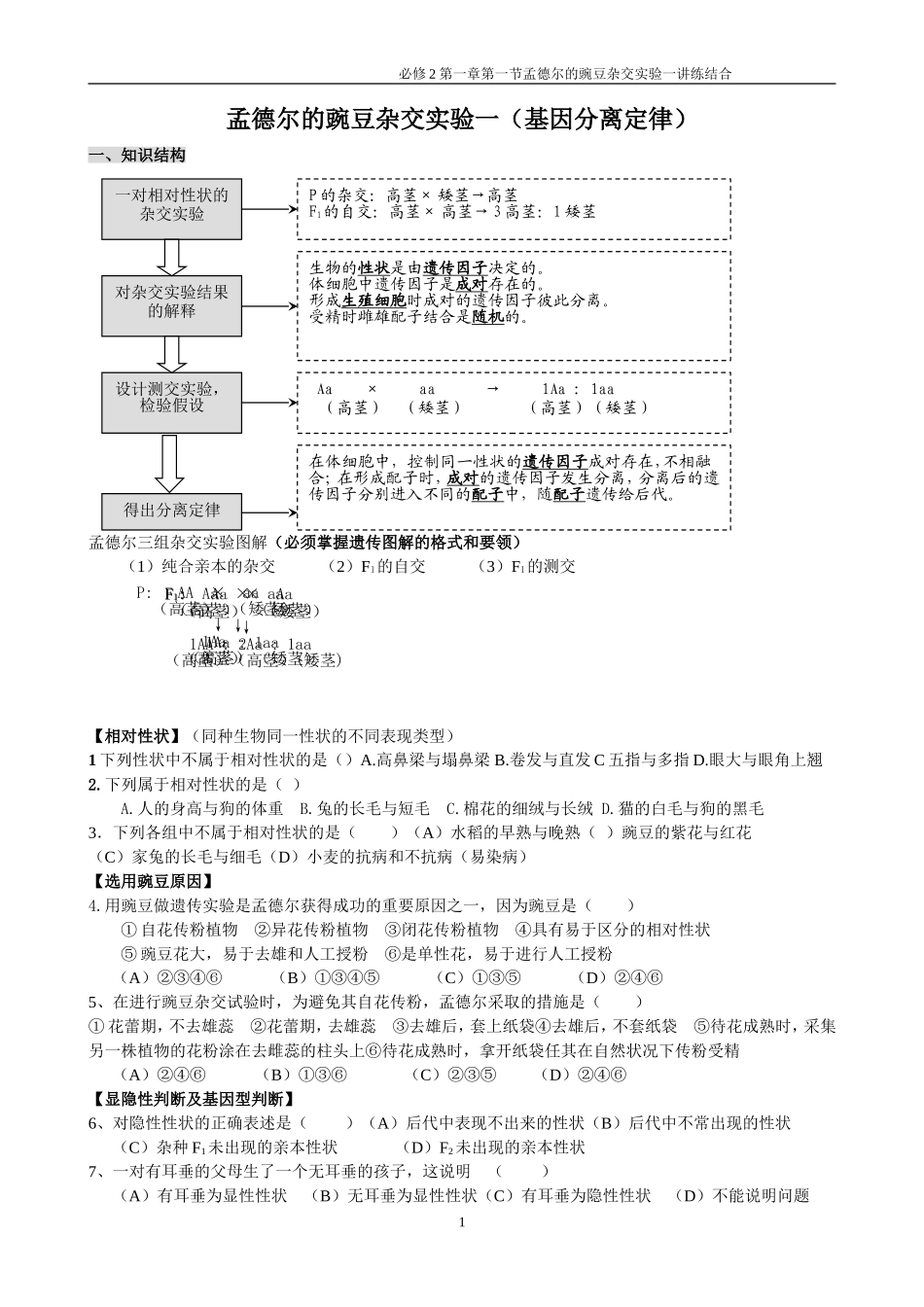 孟德尔的豌豆杂交实验一（基因分离定律）_第1页