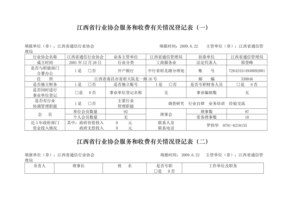江西省行业协会服务和收费有关情况登记表（通信行业协会）_第1页