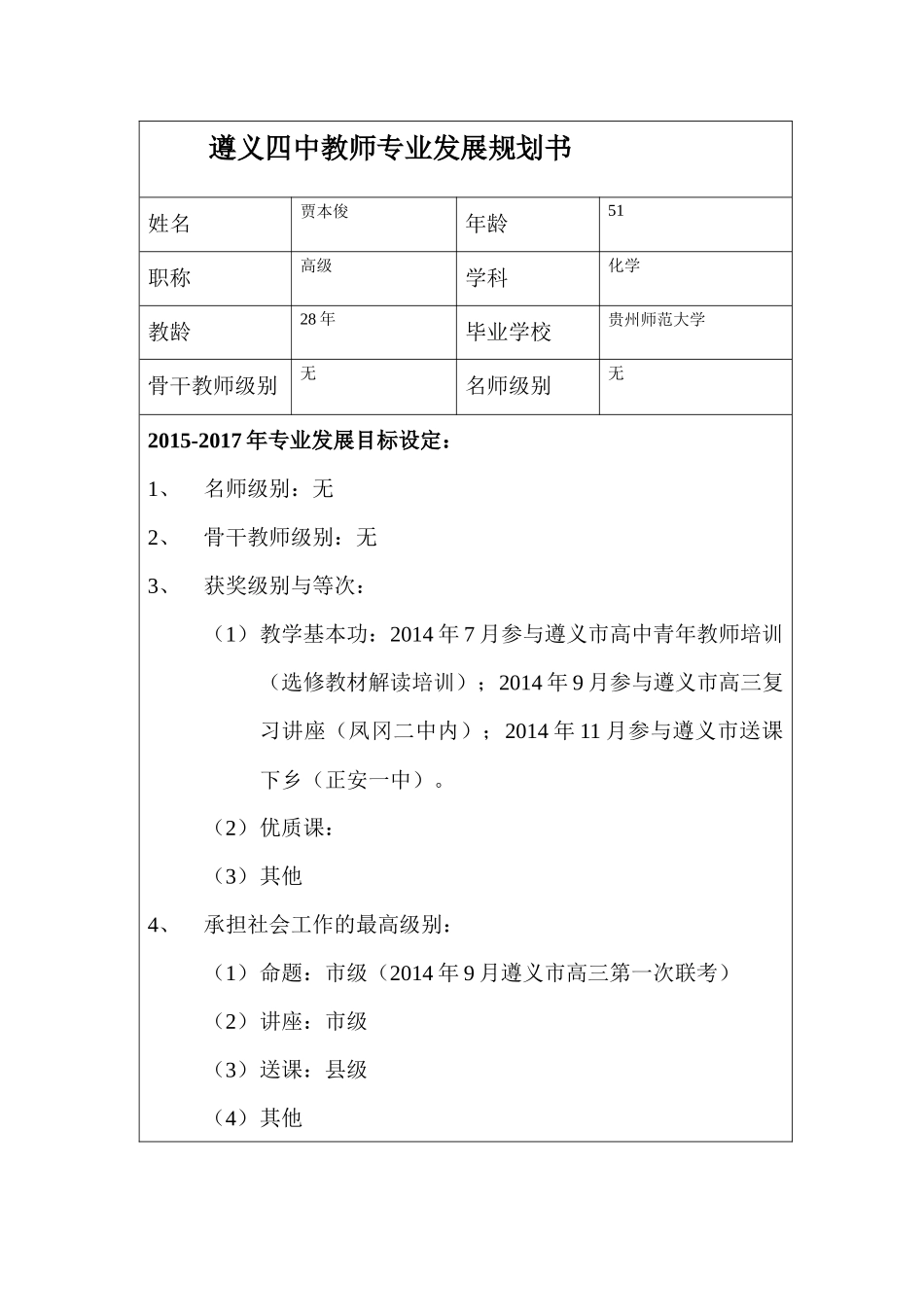贾本俊---遵义四中教师专业发展规划书_第1页