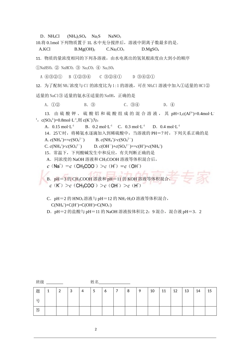 盐类水解试卷_第2页