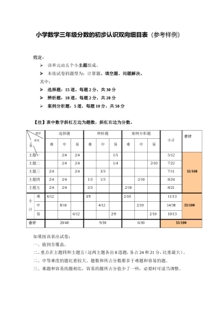 小学数学三年级分数的初步认识双向细目表