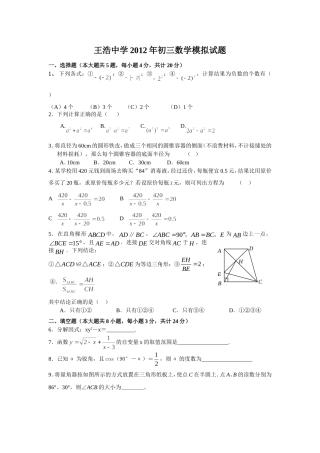 王浩中学初三数学模拟试题