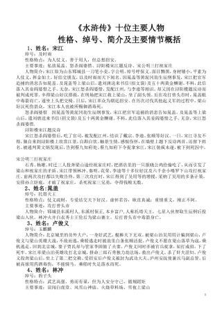 （中小学精品）《水浒传》十位主要人物性格、绰号、简介及主要情节概括