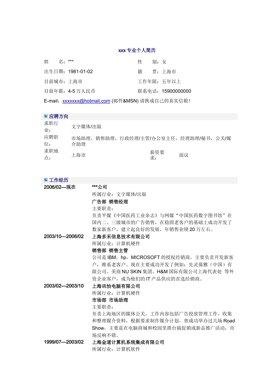 平面媒体销售经理简历模板_第1页