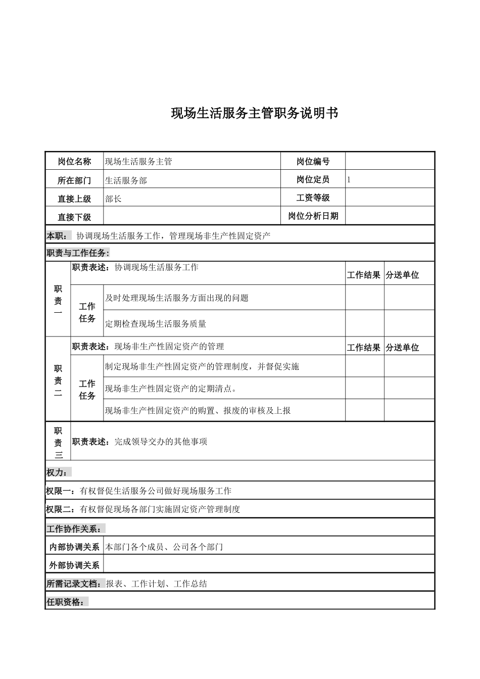 现场生活服务主管岗位说明书_第1页
