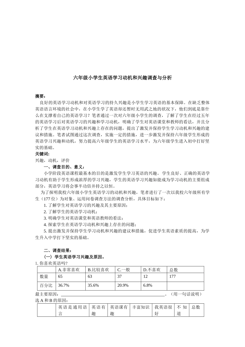六年级小学生英语学习动机与兴趣调查分析_第1页