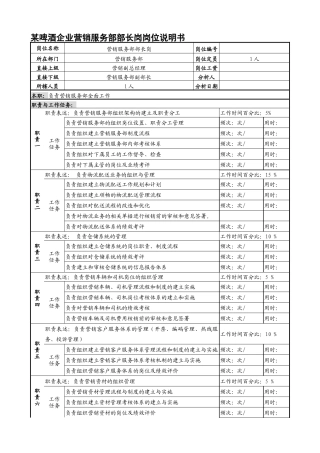 某啤酒企业营销服务部部长岗岗位说明书