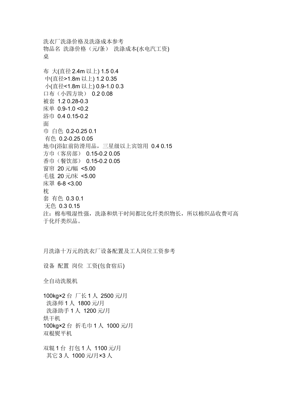 洗衣厂洗涤价格及洗涤成本参考[1]_第1页