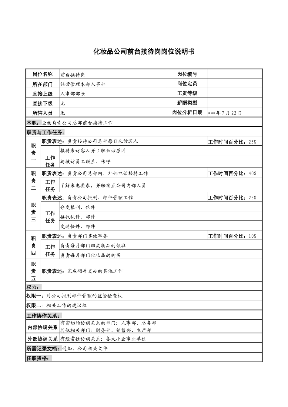 化妆品公司前台接待岗岗位说明书_第1页