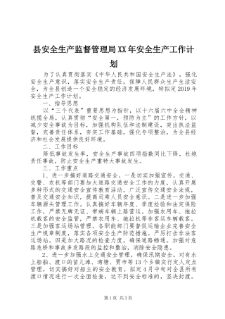 县安全生产监督管理局XX年安全生产工作计划