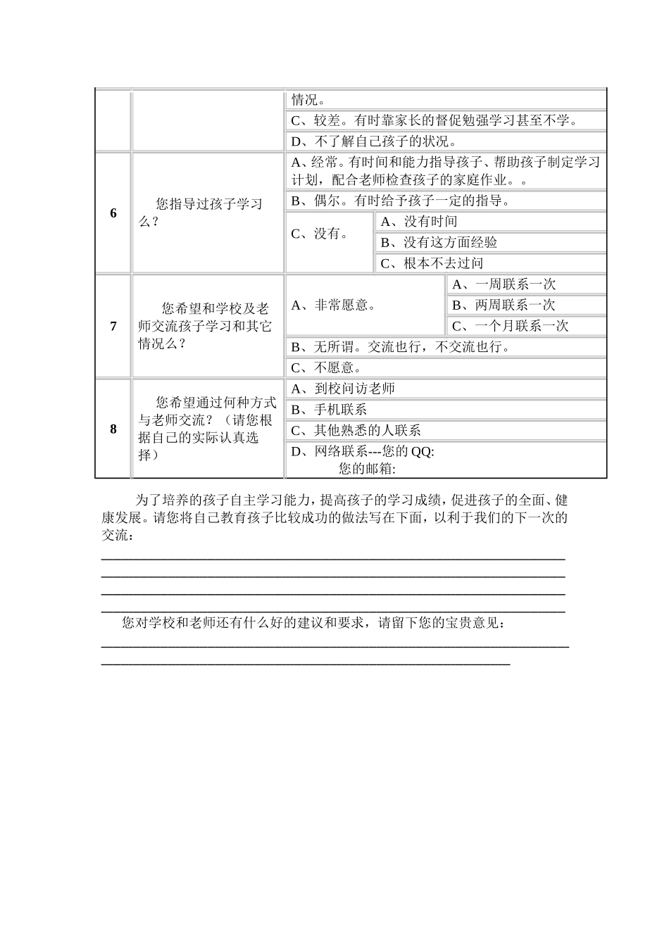 家校联系问卷调查表二_第2页