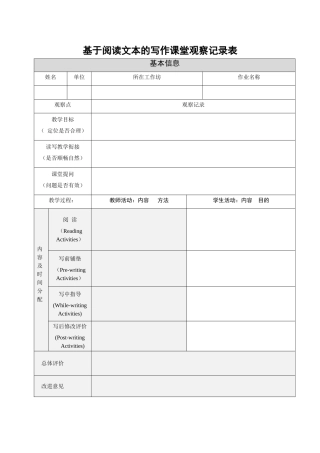 （中小学精品）基于阅读文本的写作课堂观察记录表
