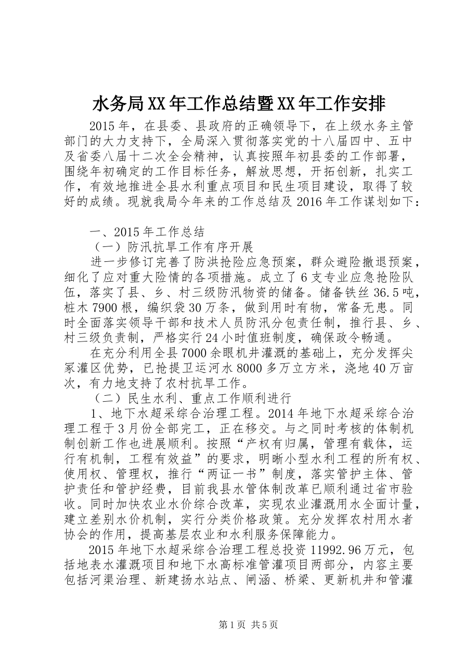 水务局XX年工作总结暨XX年工作安排_第1页