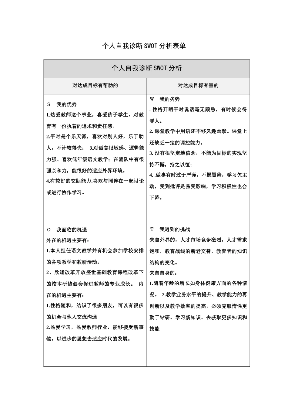 教师个人诊断swot文档_第1页