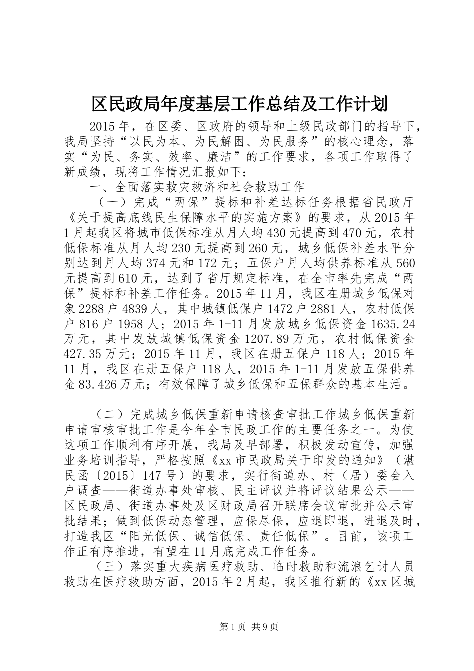 区民政局年度基层工作总结及工作计划_第1页