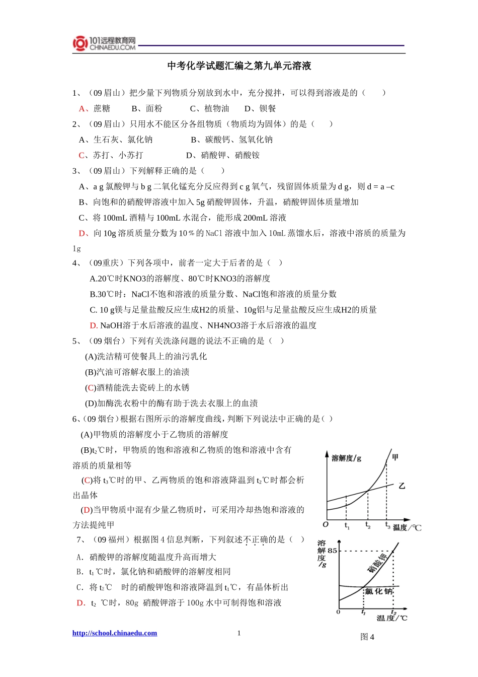中考化学试题汇编之第九单元溶液_第1页